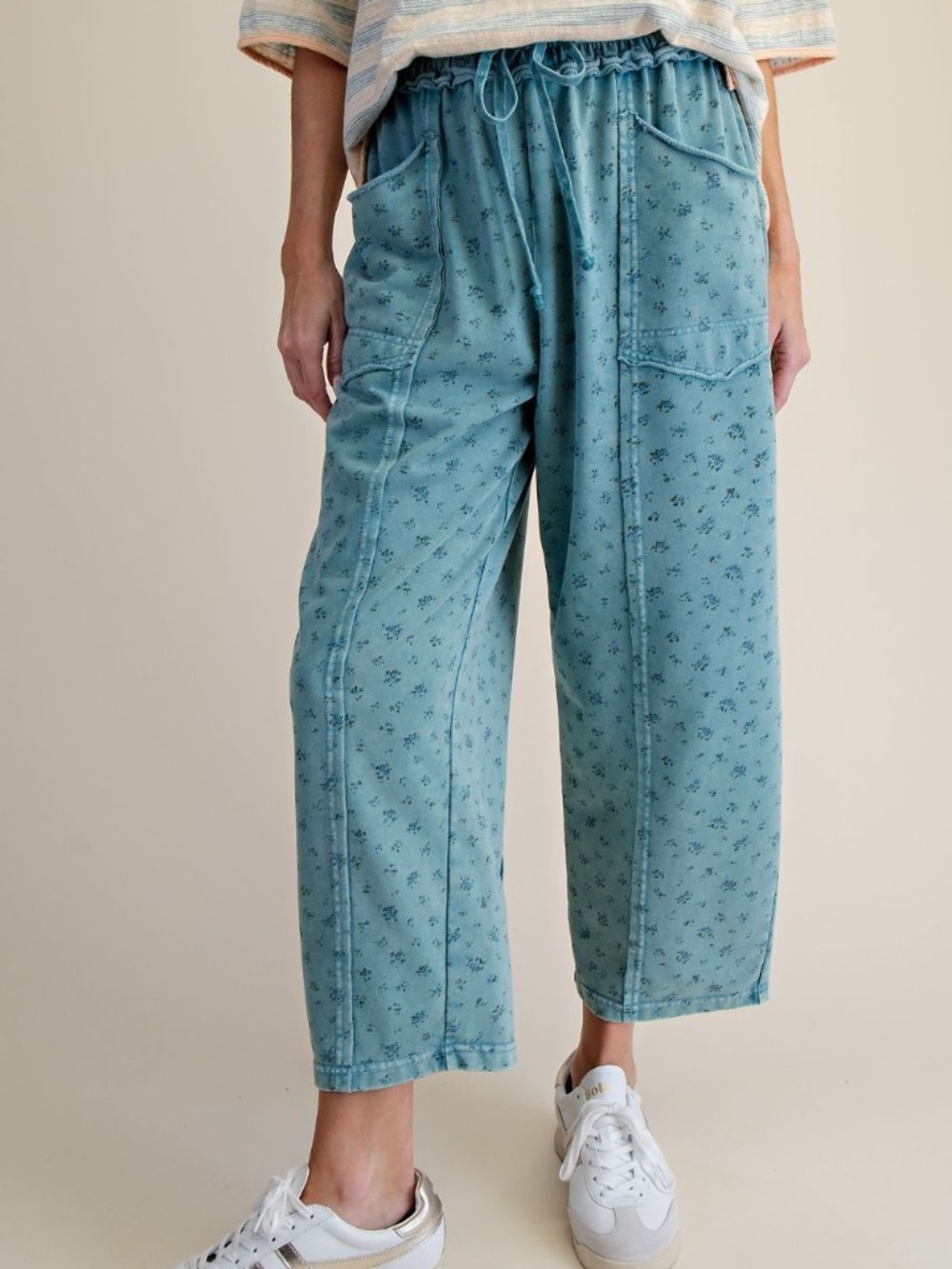 "The Valerie" Teal Ditsy Floral Washed Terry Pants